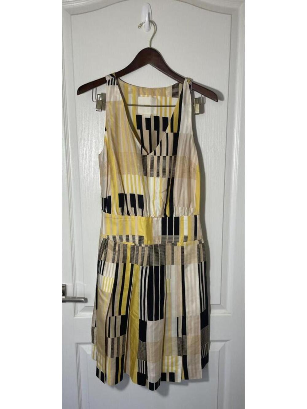 Maeve Otta Silk Small V neck dress with pleated skirt in tan/black/yellow mod